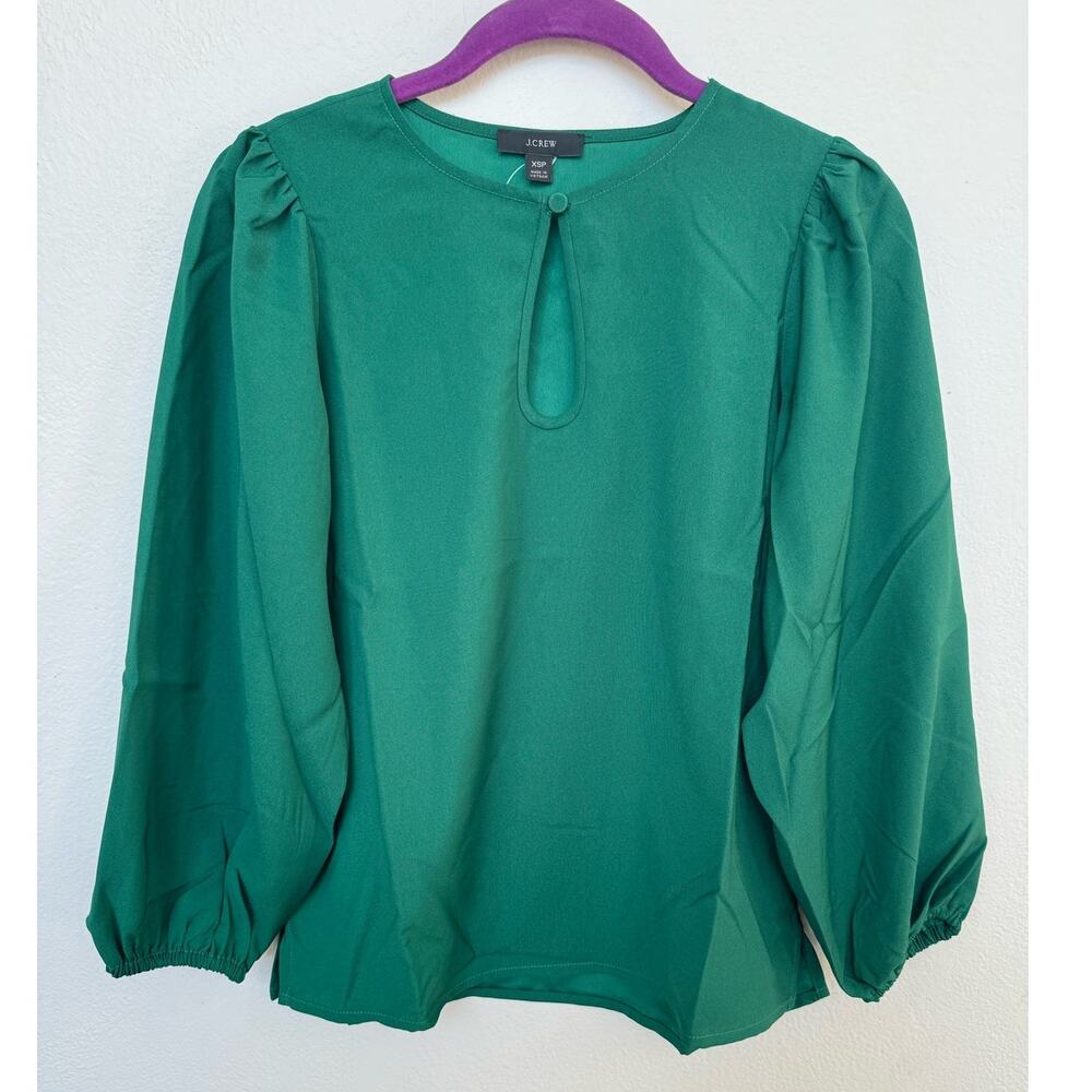 J. Crew Puff Sleeve Keyhole Neck Emerald Green Blouse Top Women Sz XS Petite NWT